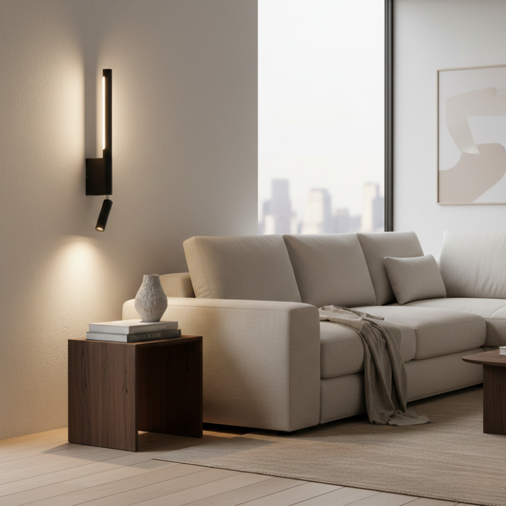 LED wall lamp with double light beam effect for living spaces