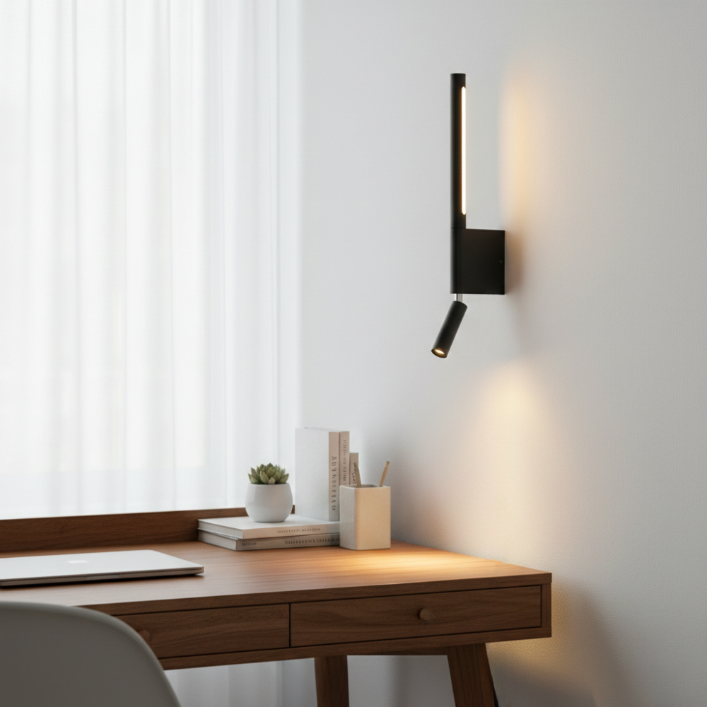 LED wall lamp with double light beam effect for living spaces