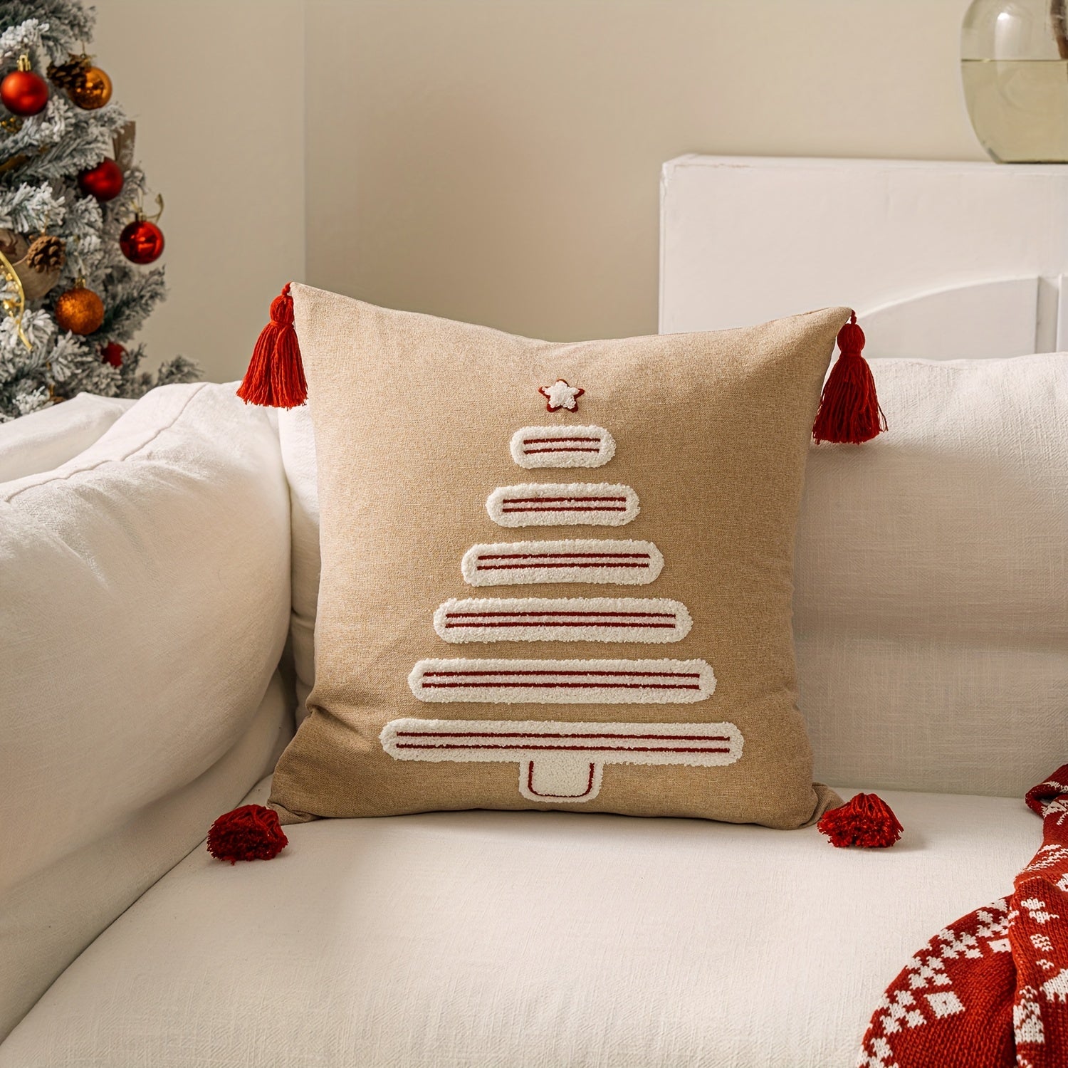 Poszewka na Poduszkę Świąteczną Haftowana Choinka i Dzwonki