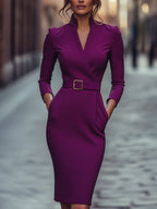 Abito Midi con Cintura e Maniche Lunghe da Donna