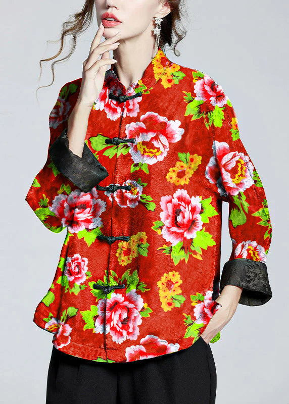 Women's Blouse with Print, Stand-up Collar, Long Sleeve, and Buttons