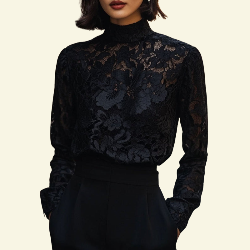 Blouse en dentelle pour femme avec col montant et manches longues