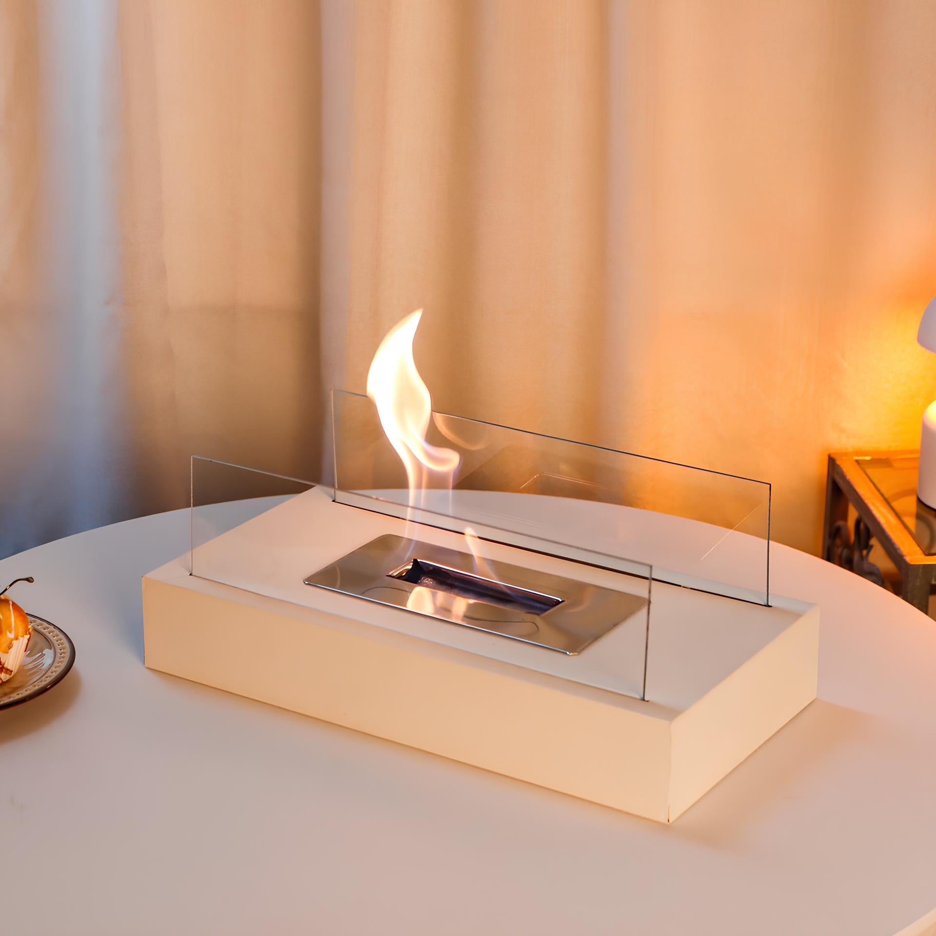 Modern fireplace coffee table with flame – interior decor element