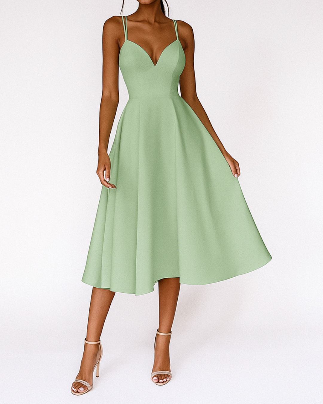 sophisticated midi dress Women's Elegant for Parties with Flared Skirt Green / S Winter Wedding Guest Dresses length sleeves create a Quiller Size:UK 18 / US 14 / EU 46