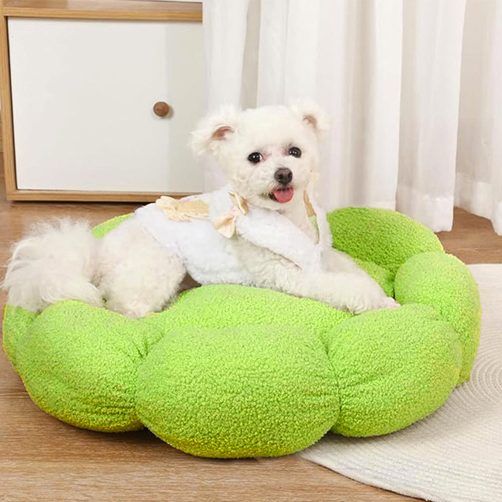 Round dog bed with floral pattern