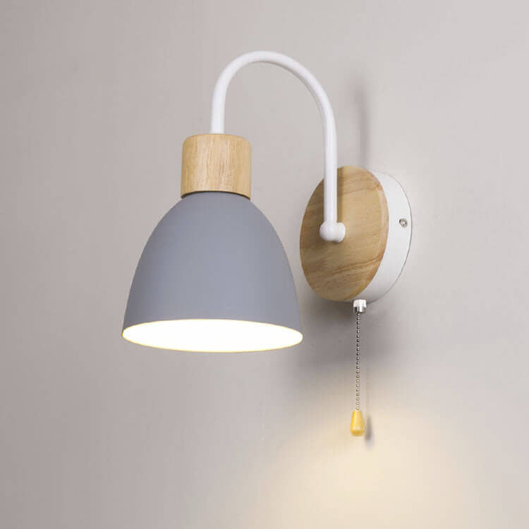 Compact Nordic wall light fixture with wooden dome and lever switch