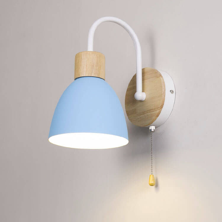 Compact Nordic wall light fixture with wooden dome and lever switch