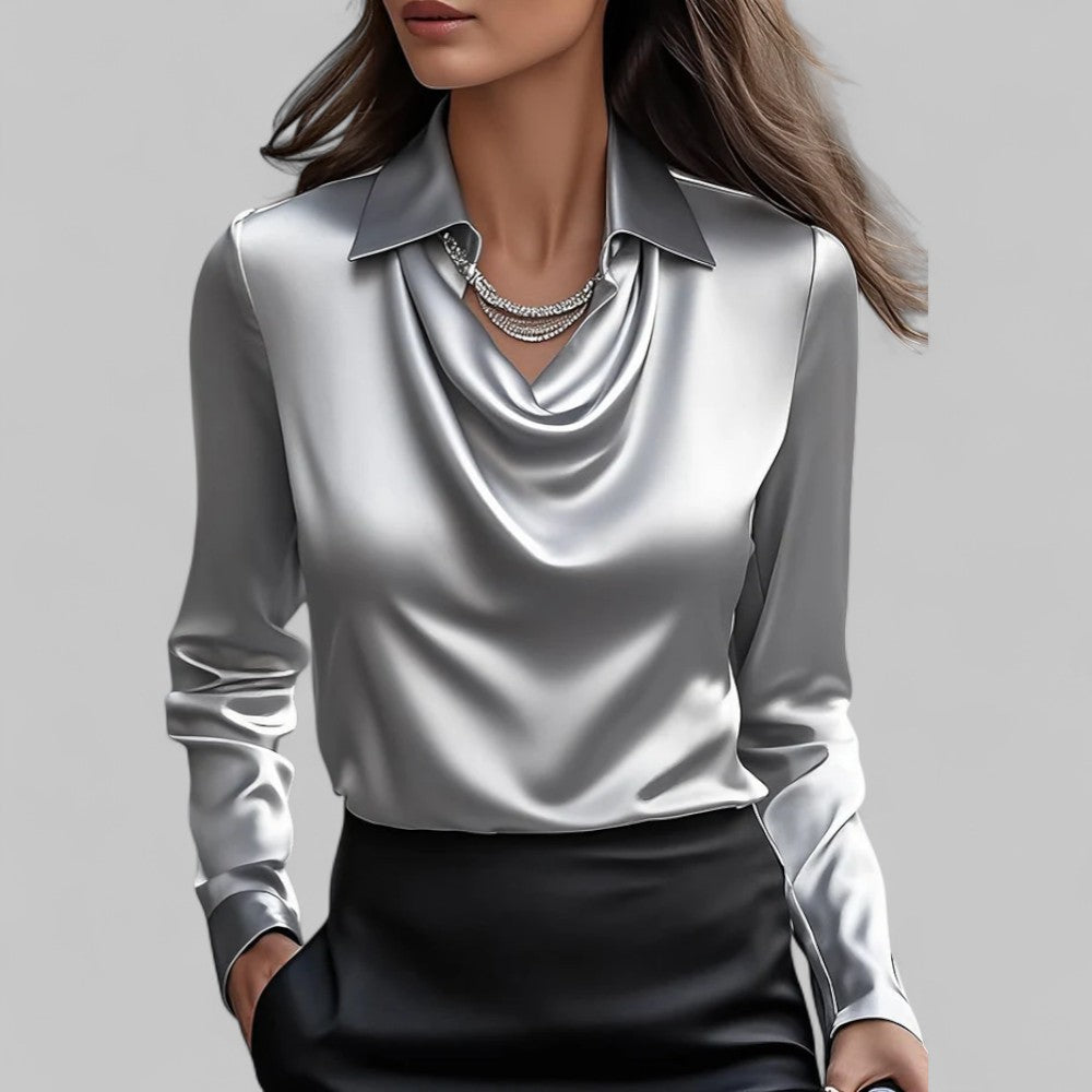 Camicetta da donna a maniche lunghe, scollo drappeggiato, stile elegante