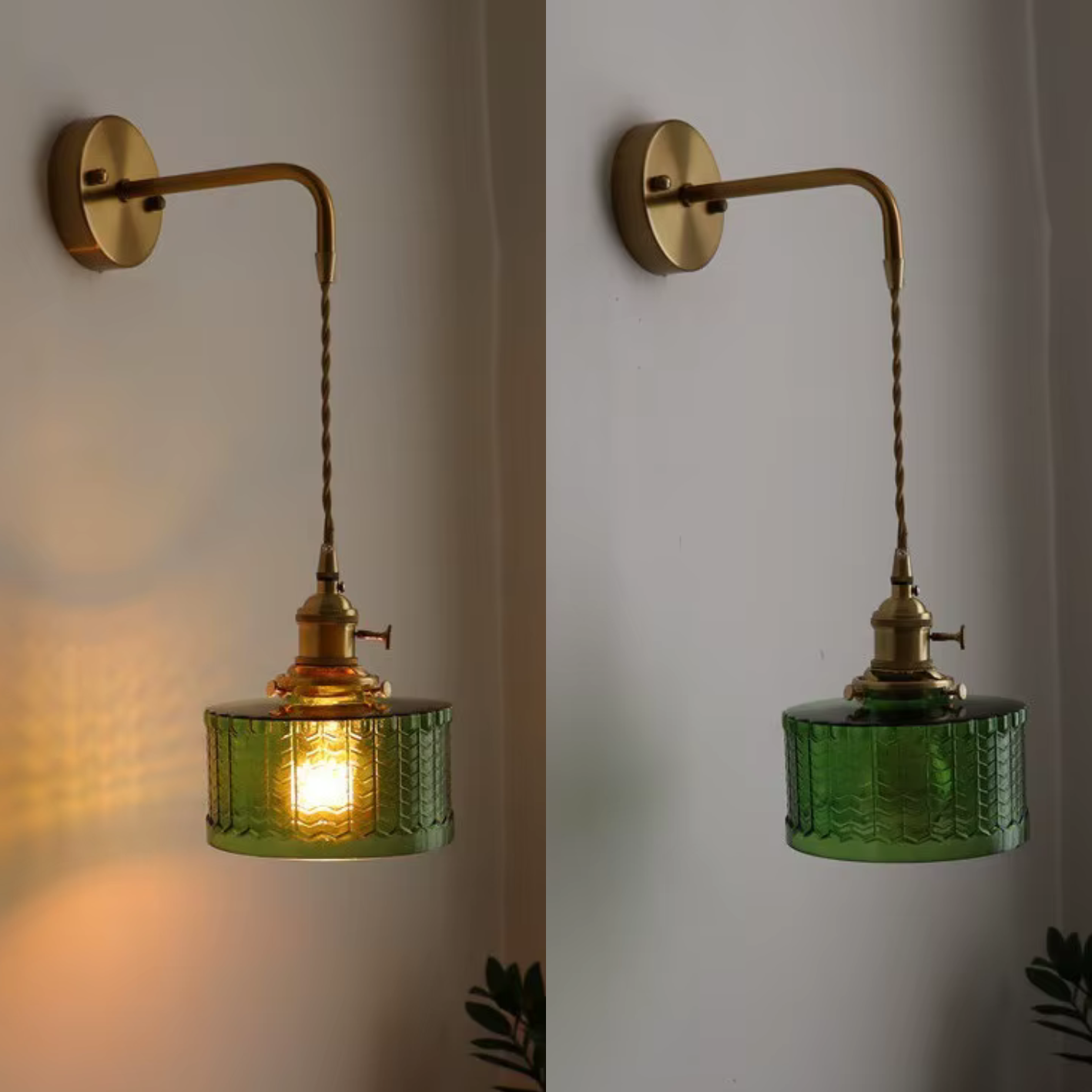 Applique LED stile giapponese vetro verde cornice in rame