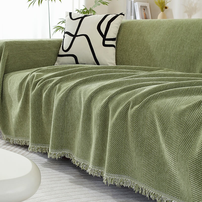 Herringbone Sofa Cover with Fringes Protective Decorative Throw