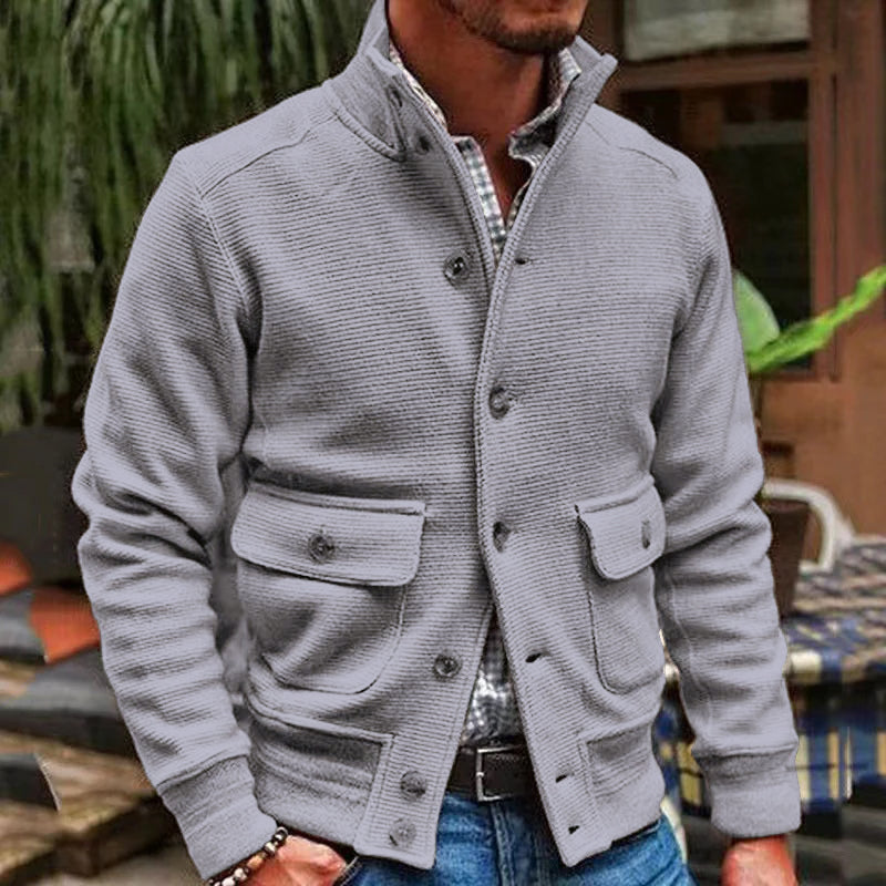 Chaqueta de estilo motociclista para hombre, de color liso y con cuello alto