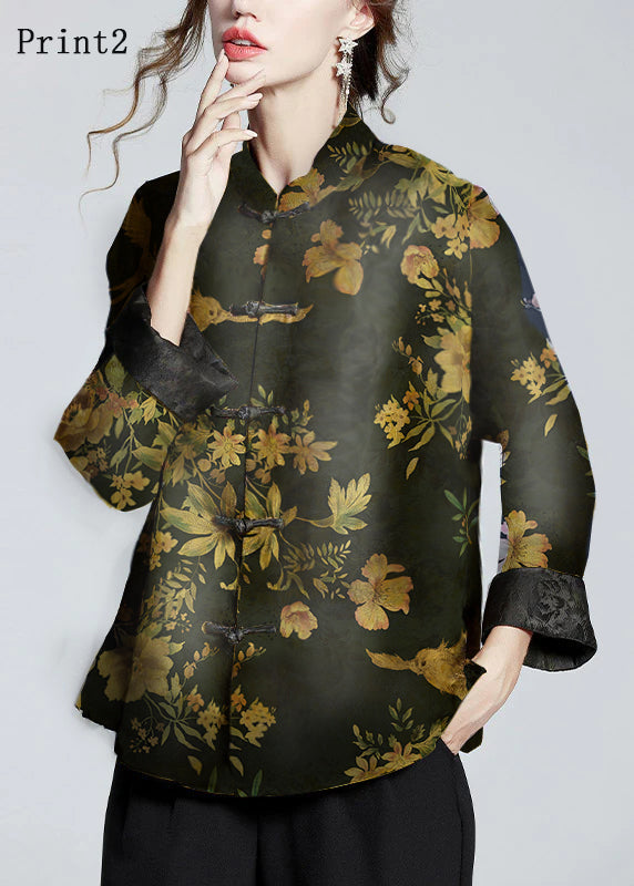 Women's Blouse with Print, Stand-up Collar, Long Sleeve, and Buttons