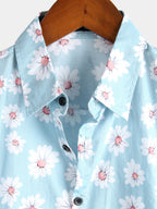 Herrenblaues Urlaubshemd mit Blumenmuster und Knopfleiste