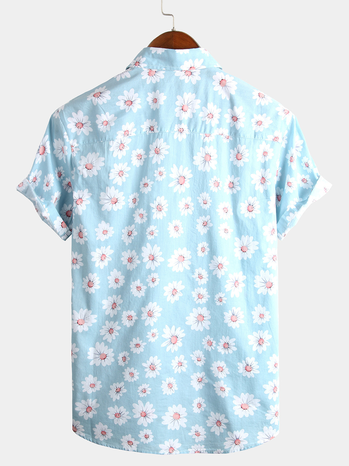 Herrenblaues Urlaubshemd mit Blumenmuster und Knopfleiste
