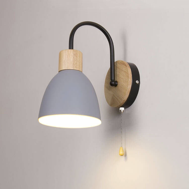 Compact Nordic wall light fixture with wooden dome and lever switch