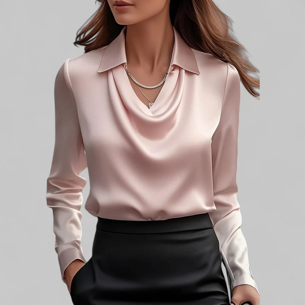 Camicetta da donna a maniche lunghe, scollo drappeggiato, stile elegante