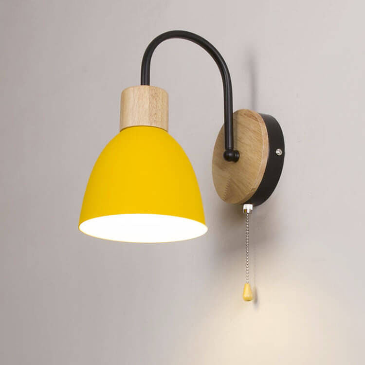 Compact Nordic wall light fixture with wooden dome and lever switch