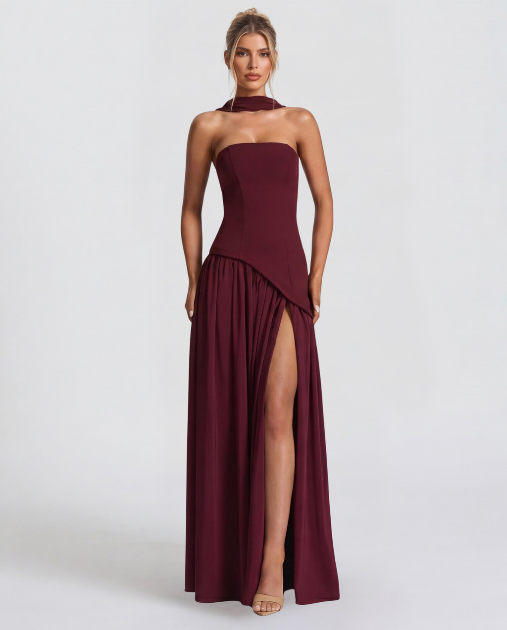 Strapless maxi dress with a high slit