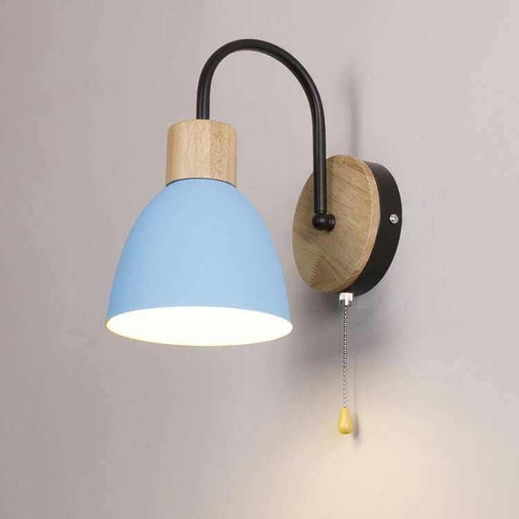 Compact Nordic wall light fixture with wooden dome and lever switch