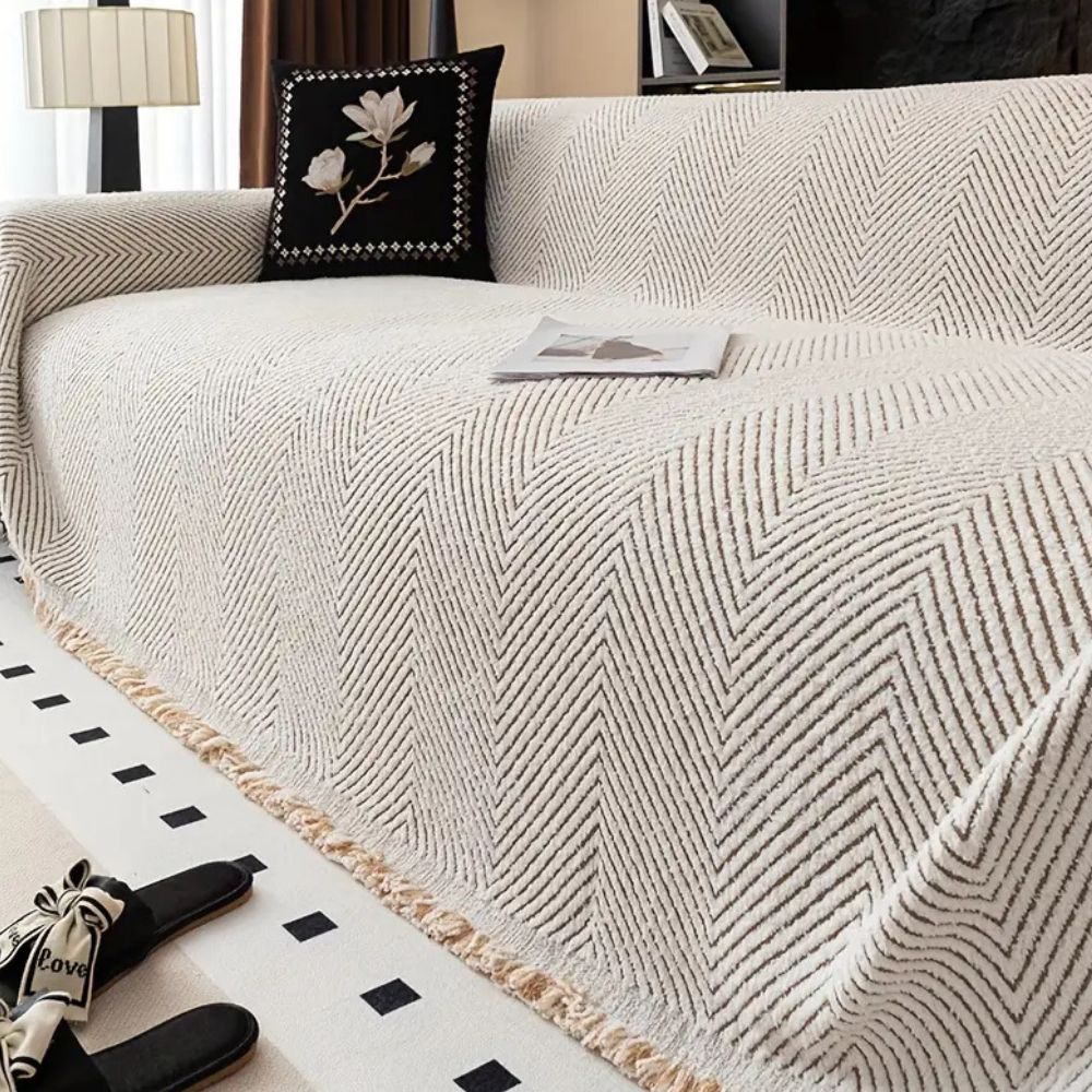Protective striped herringbone sofa cover for home
