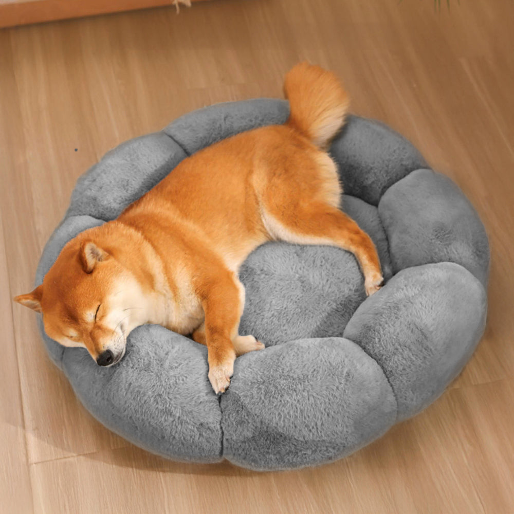 Round dog bed with floral pattern