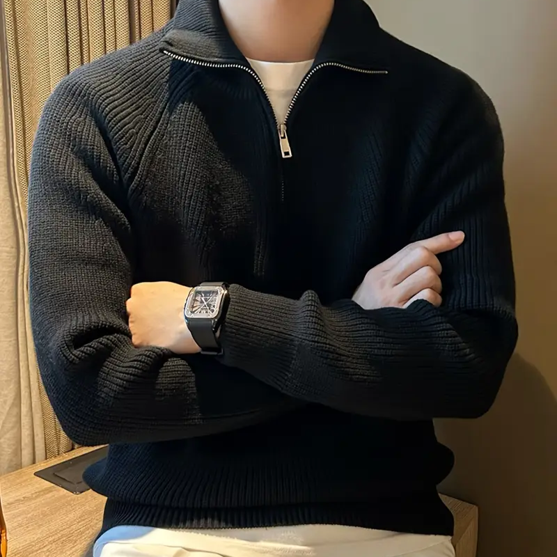 Męski sweter z zamkiem do połowy prążkowany długi rękaw styl casual