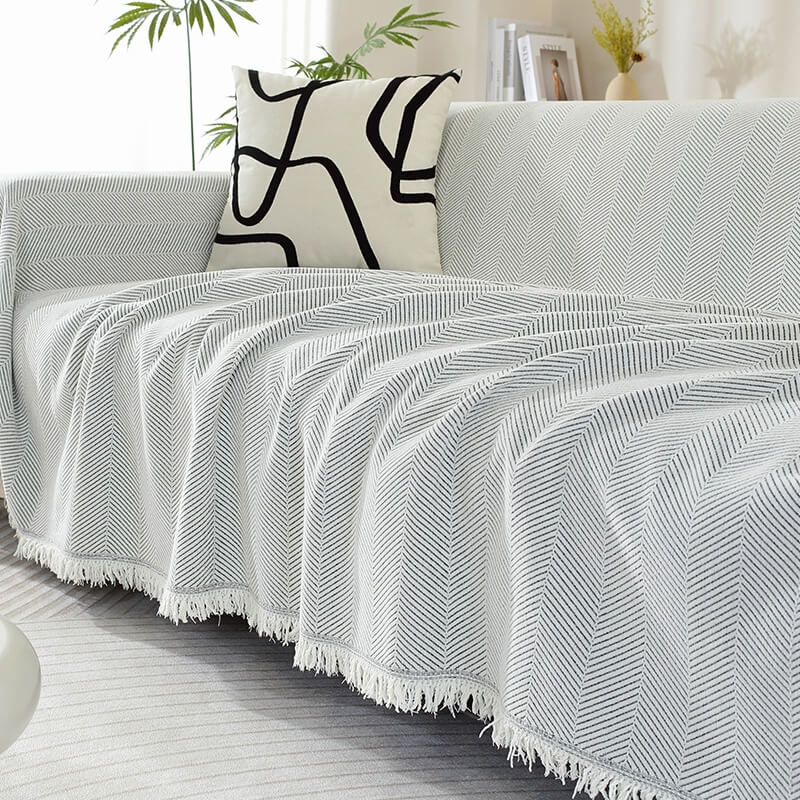 Herringbone Sofa Cover with Fringes Protective Decorative Throw