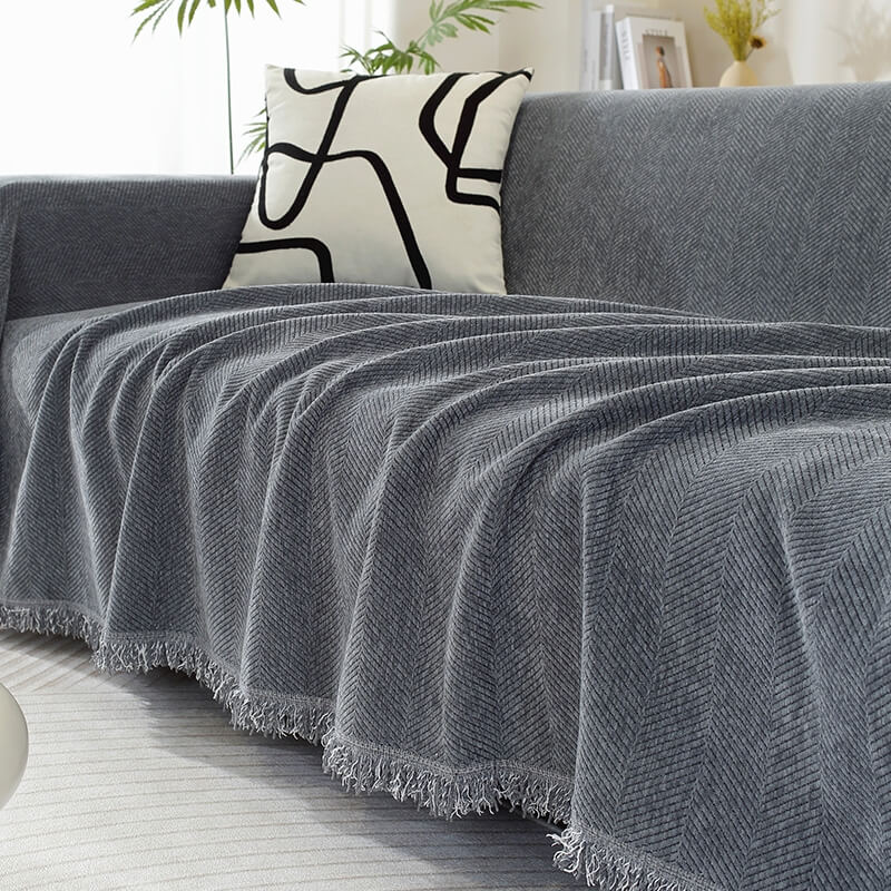 Herringbone Sofa Cover with Fringes Protective Decorative Throw
