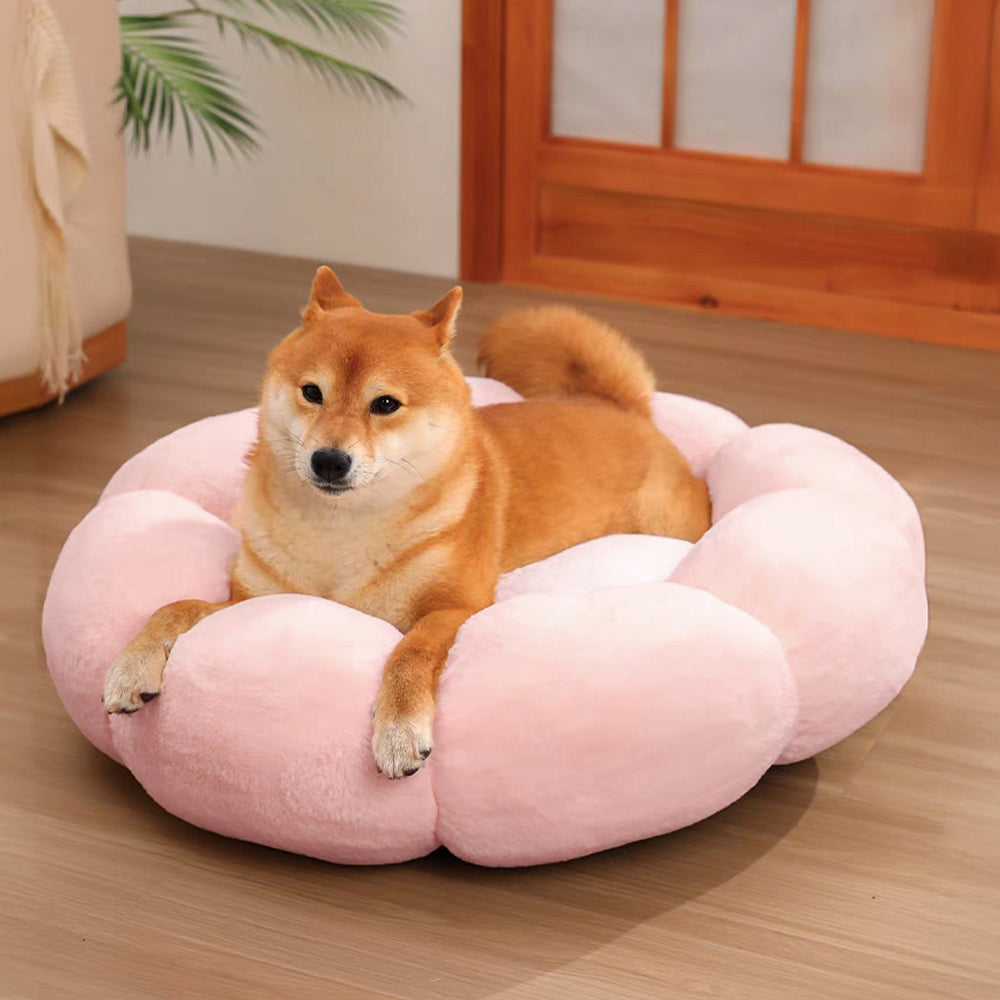 Round dog bed with floral pattern