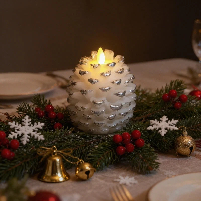 Decorative pinecone-shaped candles with LED lighting