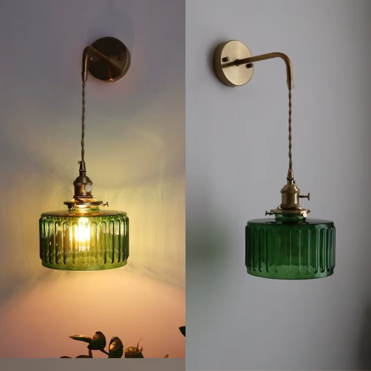 Applique LED stile giapponese vetro verde cornice in rame