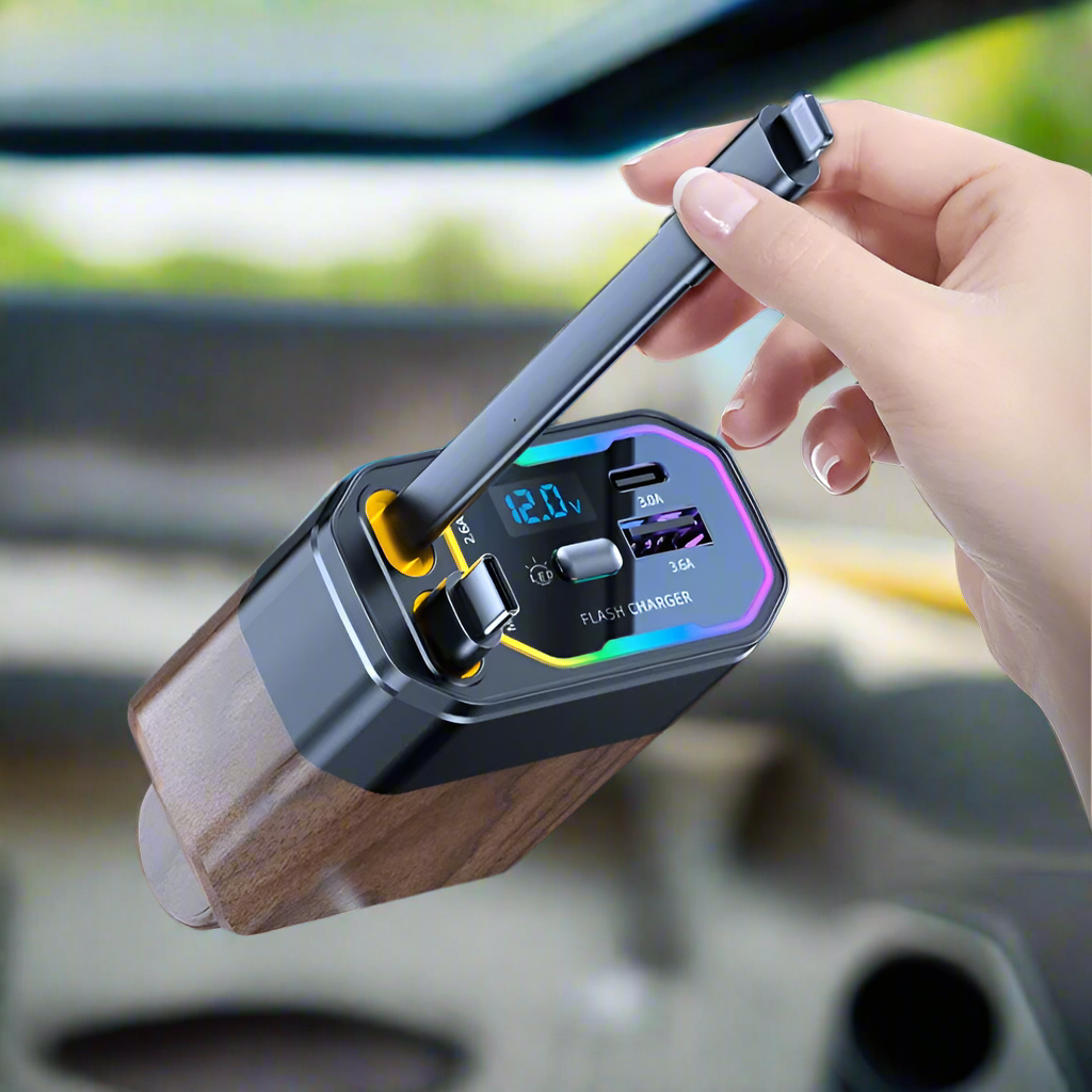 4-in-1 120W Retractable Car Charger with USB-C and USB-A Cables - Image 1