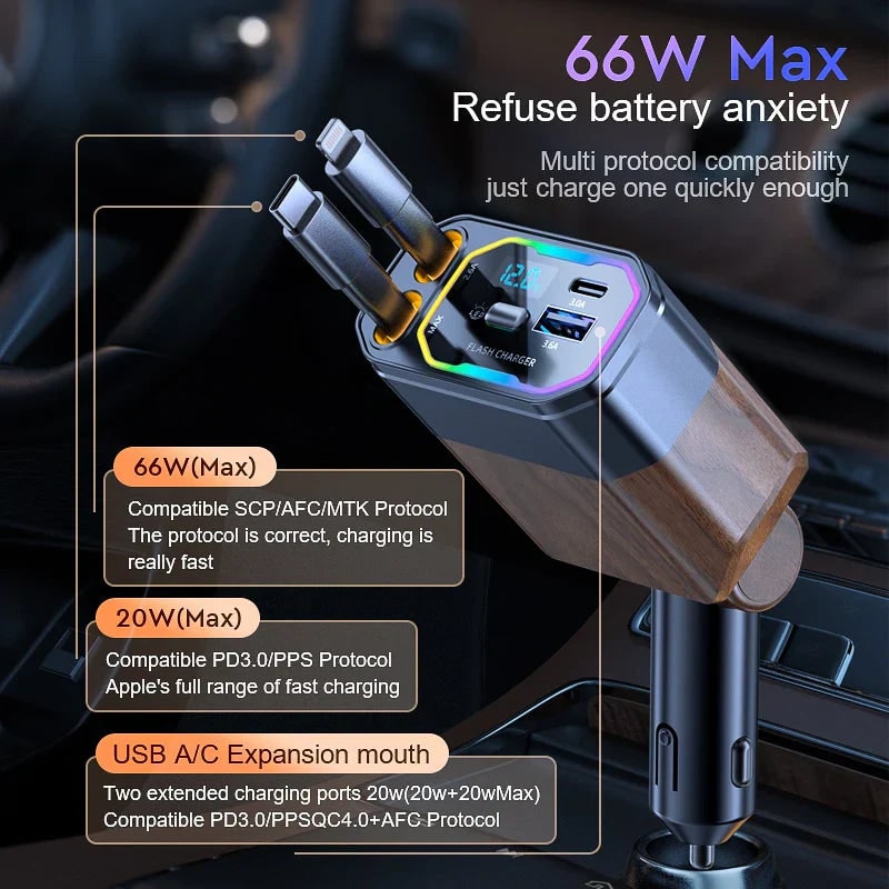 4-in-1 120W Retractable Car Charger with USB-C and USB-A Cables - Image 3