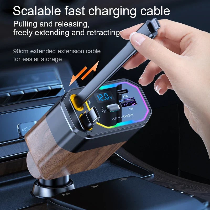 4-in-1 120W Retractable Car Charger with USB-C and USB-A Cables - Image 4