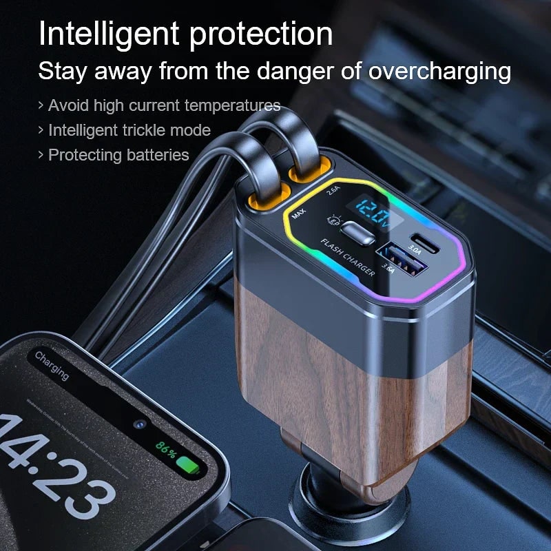 4-in-1 120W Retractable Car Charger with USB-C and USB-A Cables - Image 6
