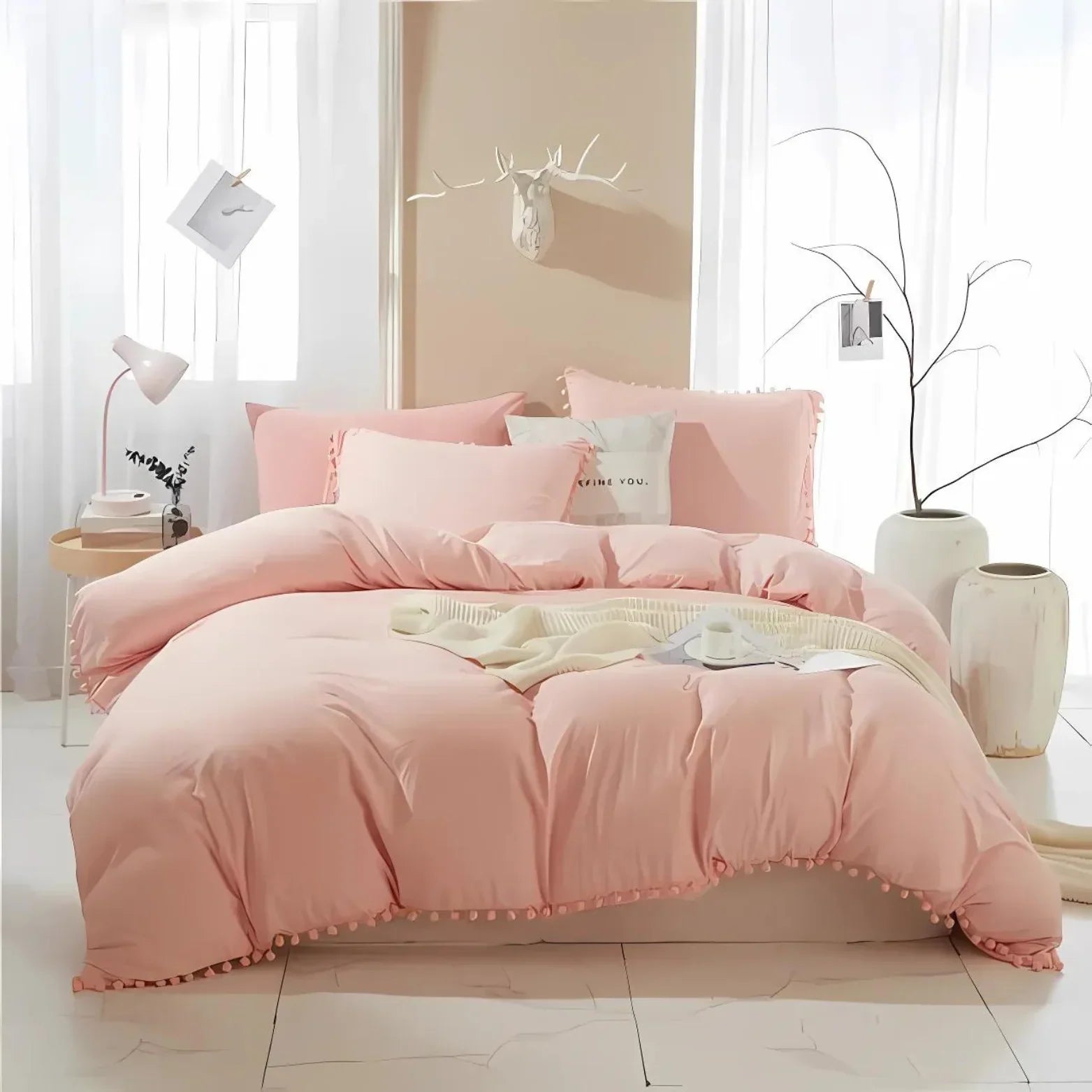 Minimalist Nordic Pom-Pom Bedding Set Quilt