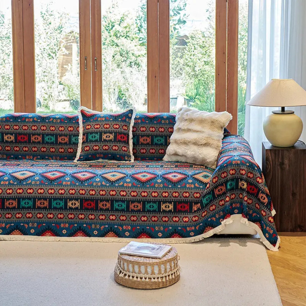 Housse de canapé boho aux couleurs géométriques vives et élégantes