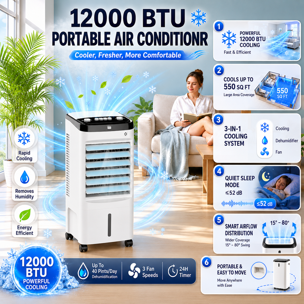 Przenośna Jednostka Chłodząca do Pomieszczeń 12000 BTU z Trybem Wentylatora