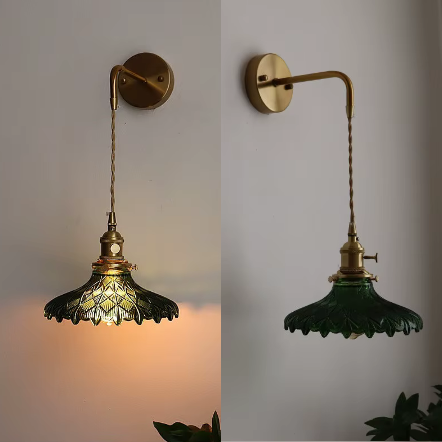 Applique LED stile giapponese vetro verde cornice in rame