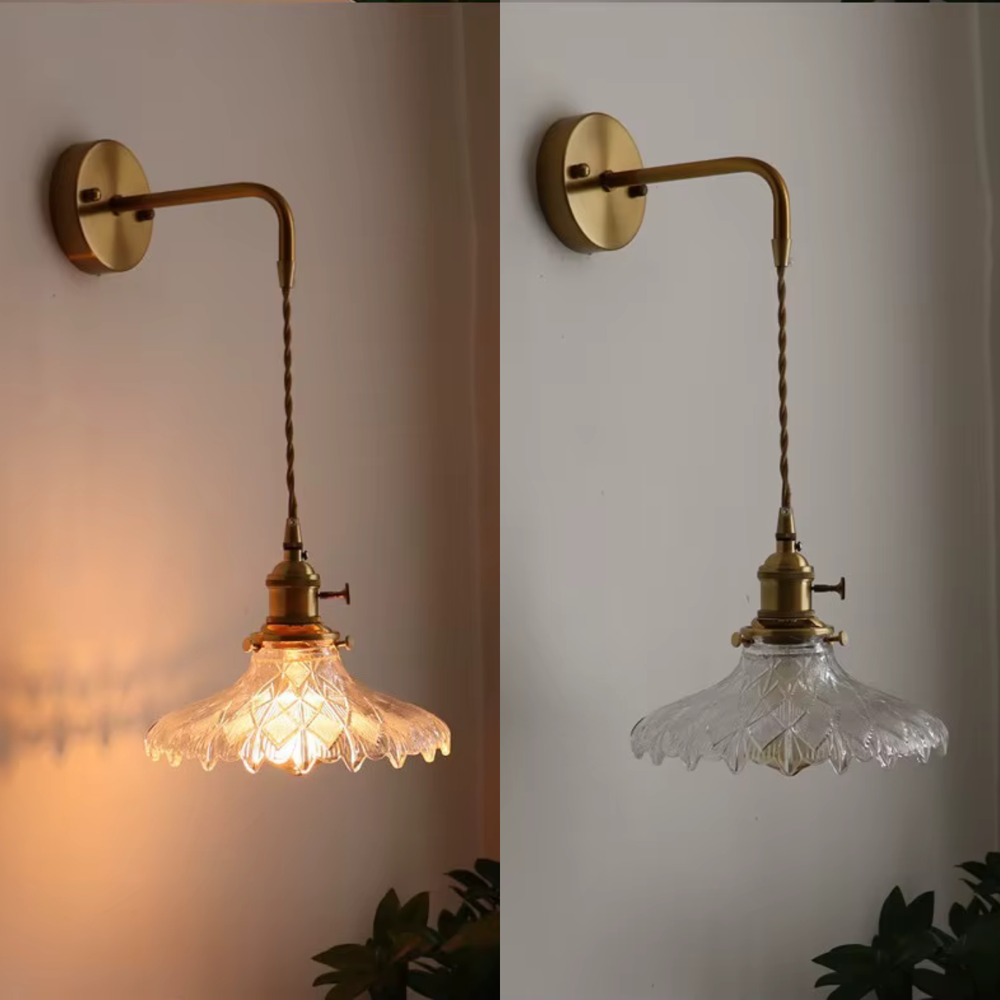 Applique LED stile giapponese vetro verde cornice in rame