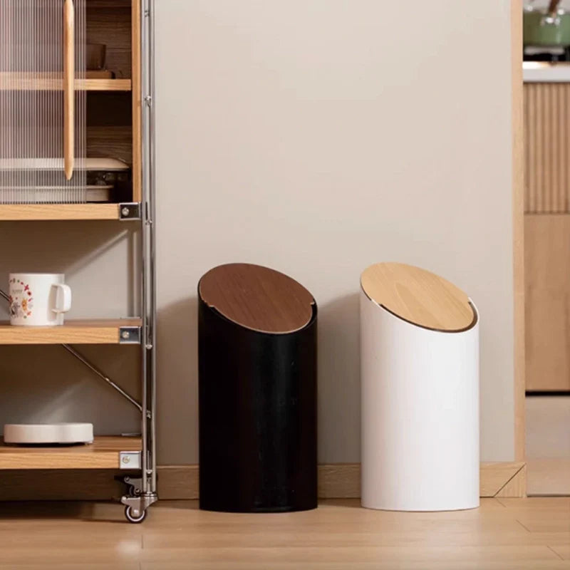 Minimalist Durable Swing-Top Trash Bin with Wooden Lid