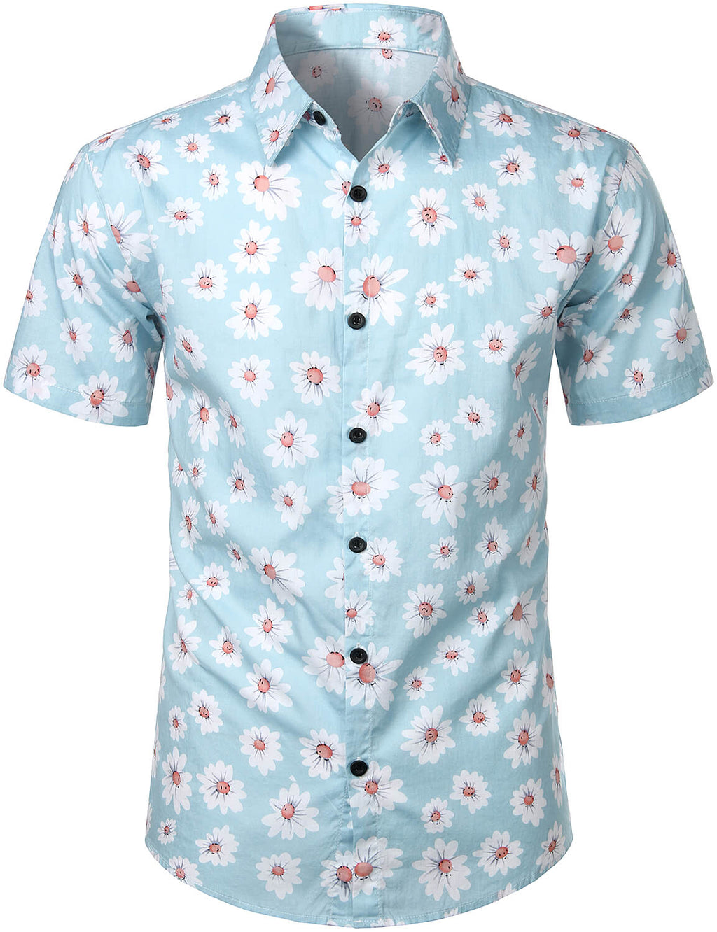 Herrenblaues Urlaubshemd mit Blumenmuster und Knopfleiste