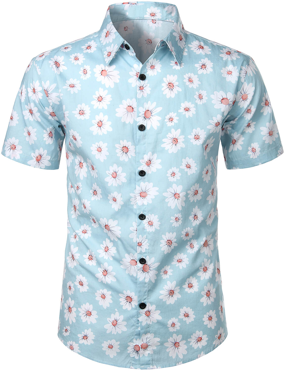 Herrenblaues Urlaubshemd mit Blumenmuster und Knopfleiste