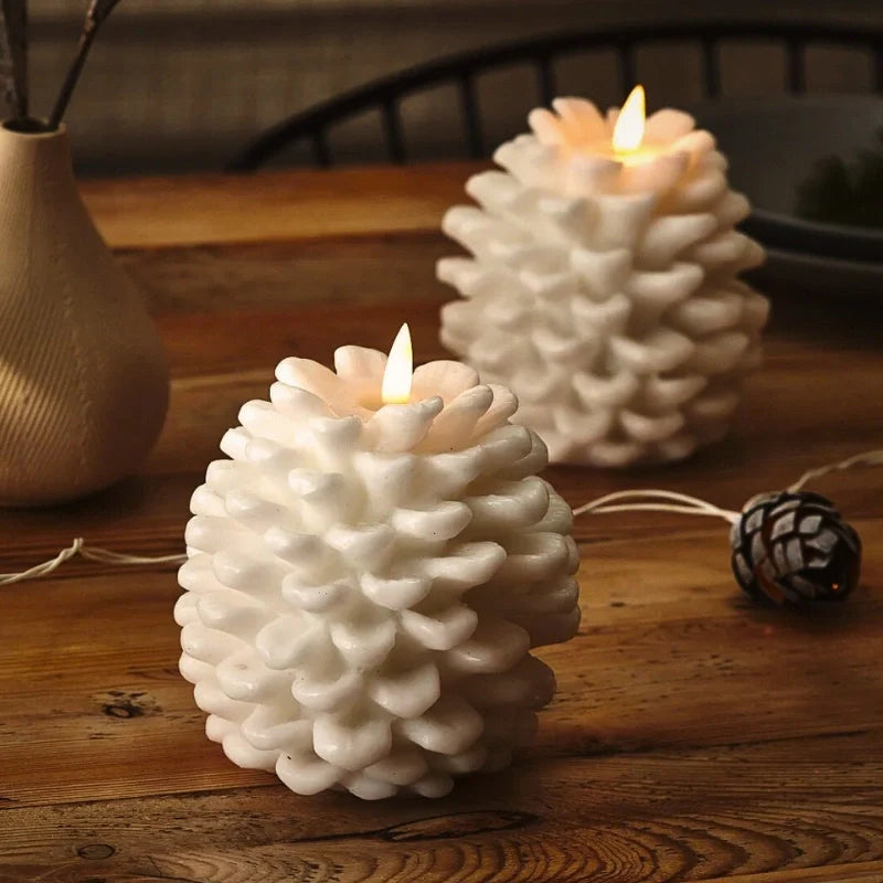 Decorative pinecone-shaped candles with LED lighting