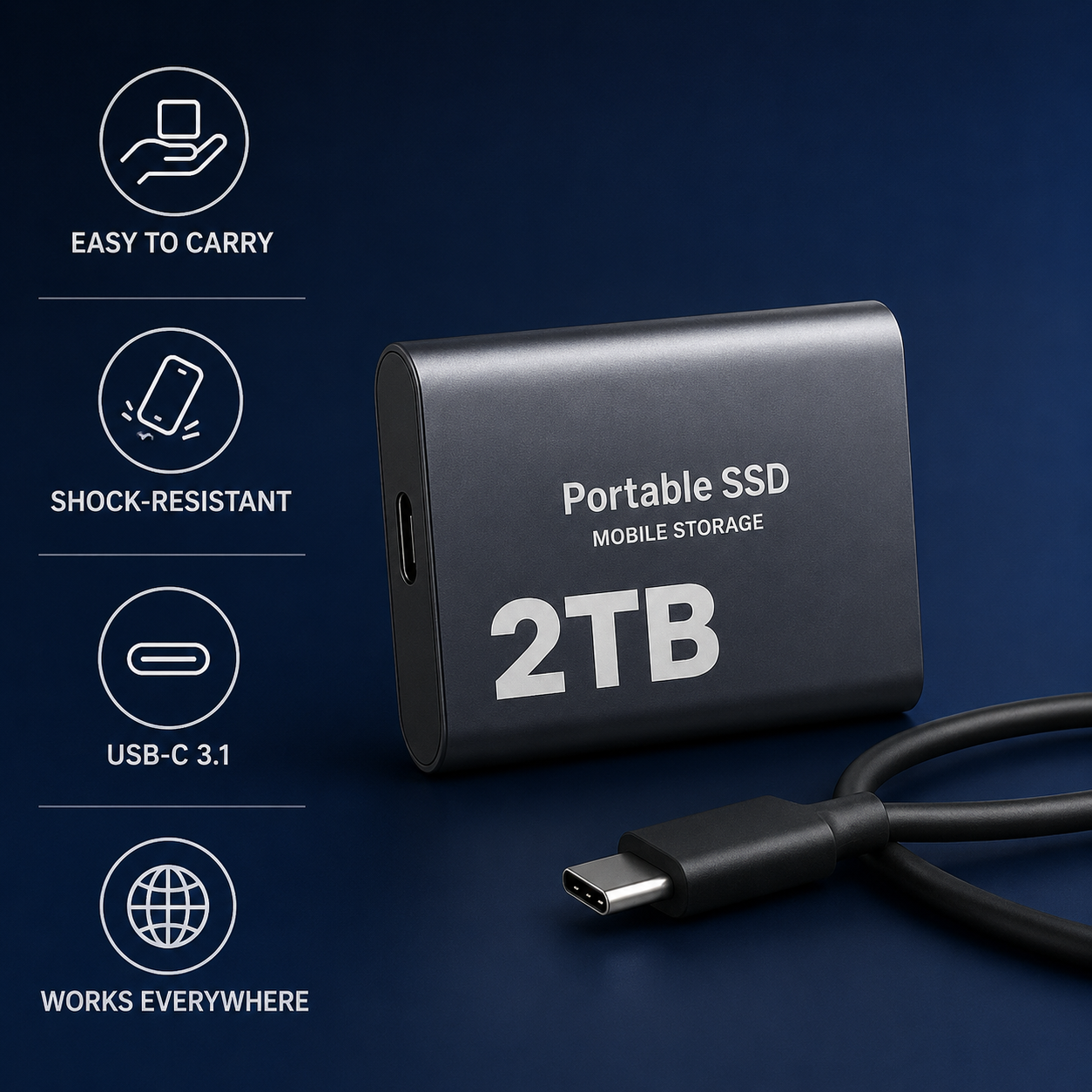 Przenośny Dysk SSD 2TB USB-C – Zewnętrzna Pamięć do Laptopa, PC i Telefonu