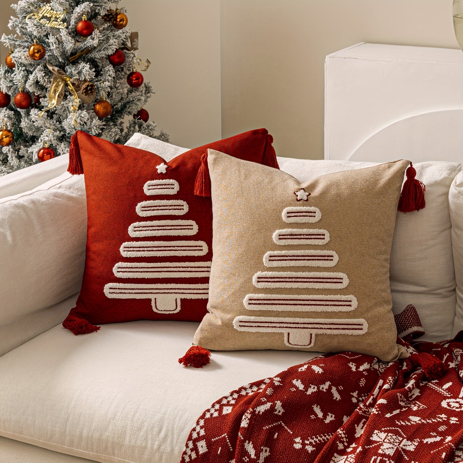Poszewka na Poduszkę Świąteczną Haftowana Choinka i Dzwonki