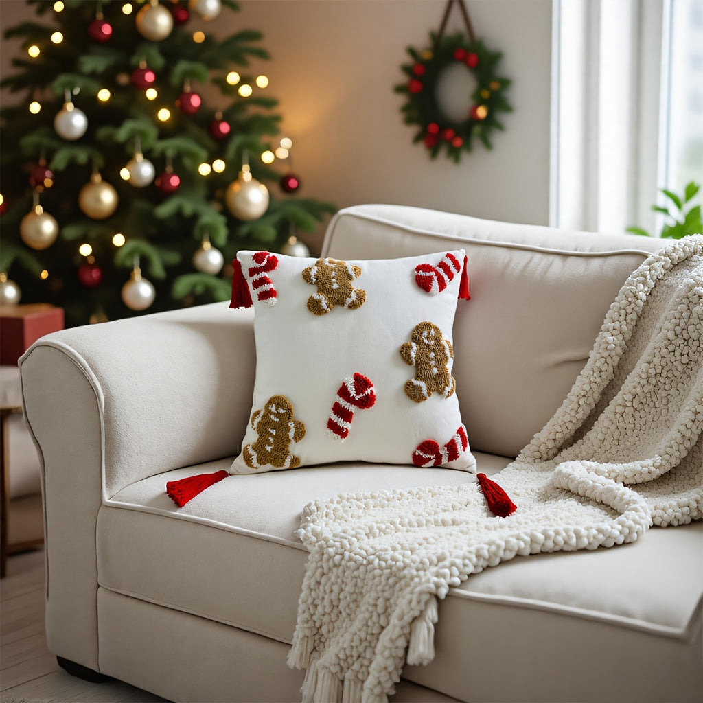 Świąteczna Poszewka z Haftowanym Wzorem Piernika i Laski Cukrowej