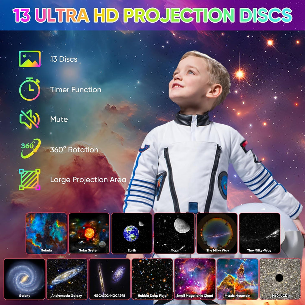 Creative HD 360° projector with galaxy and rotating star light