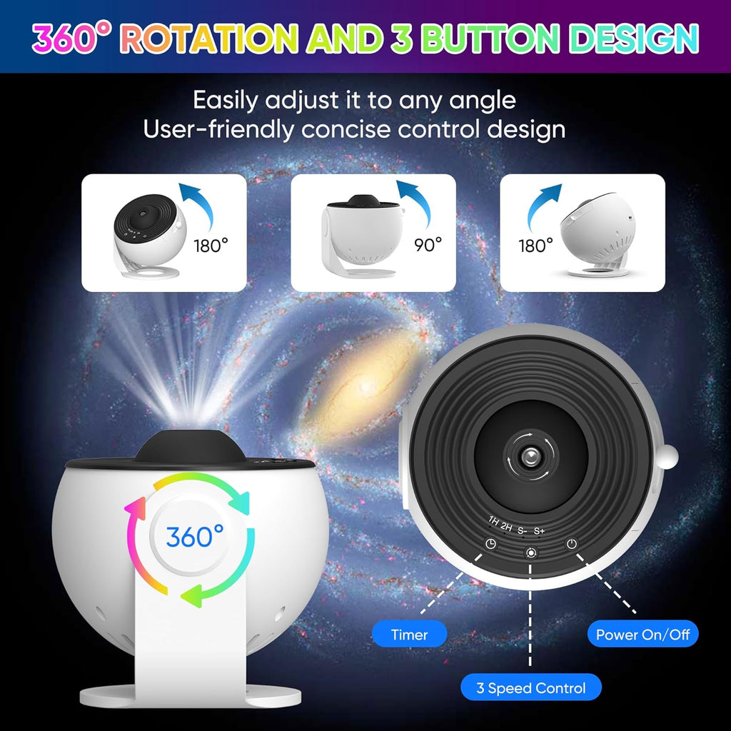 Creative HD 360° projector with galaxy and rotating star light