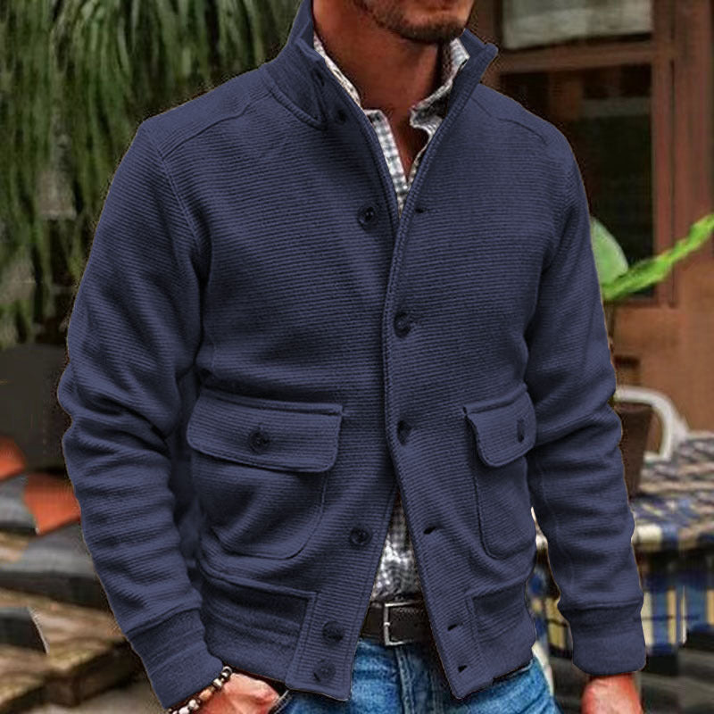 Chaqueta de estilo motociclista para hombre, de color liso y con cuello alto